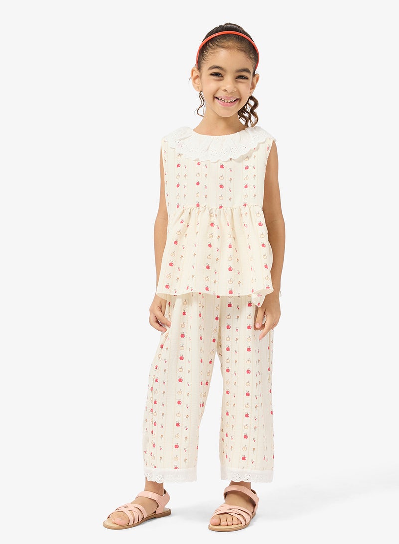 Pinata Apple Print Lace Collar Top and Pants Set - Image 5